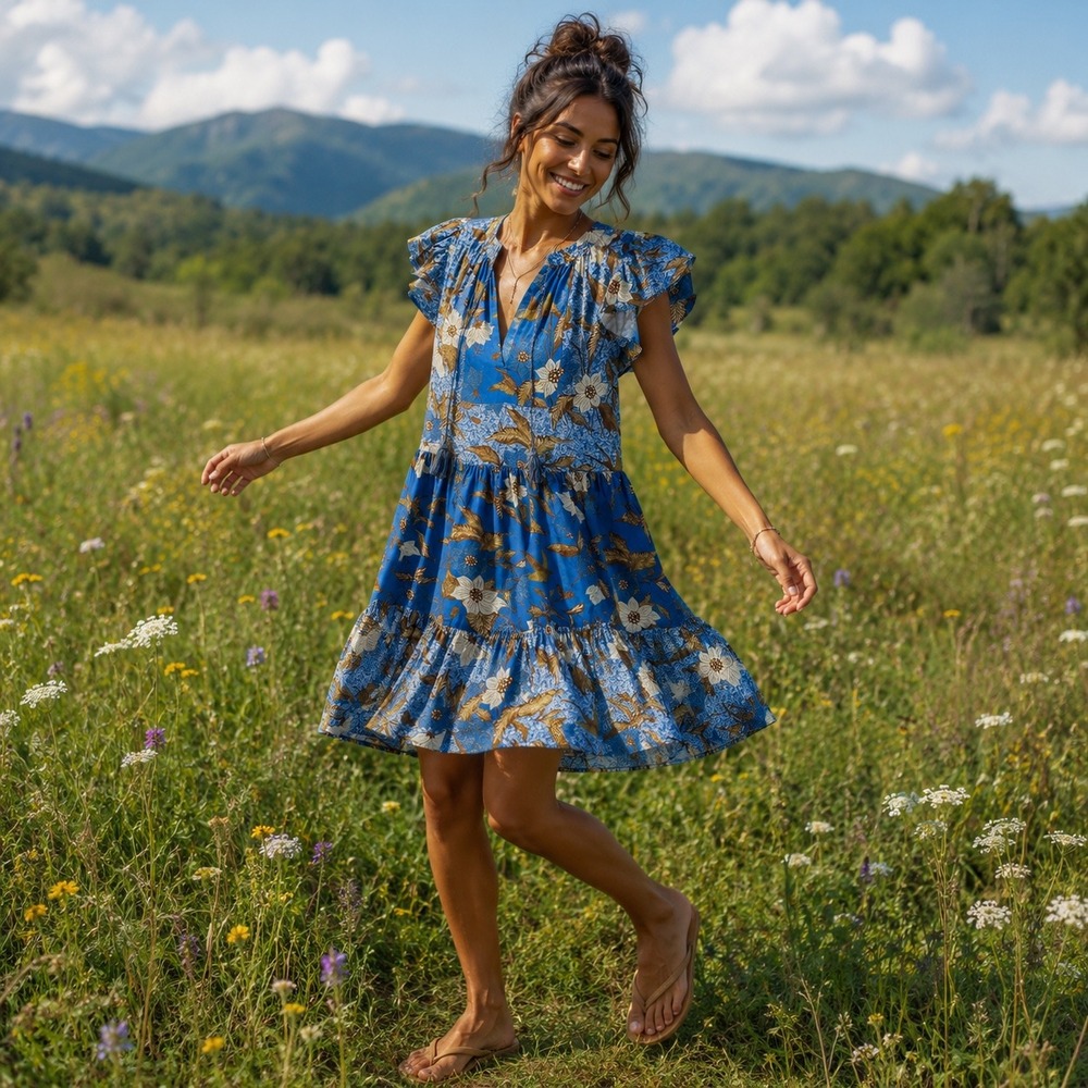 Ulla Johnson Women's Blue Floral Tassel Tiered Ruffle Fall Mini Dress Size 4